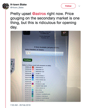 The screenshot of single game tickets for Astros opening day as offered to season ticket holders Monday. - SCREENSHOT