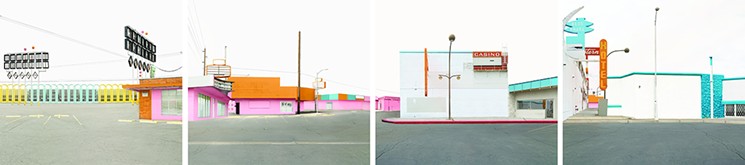 Leigh Merrill combines thousands of images taken of the urban landscape to create digitally simulated environments that occupy the fine border between the real and the imagined. Shown: Blue Crush (four panels). - PHOTOS COURTESY OF LEIGH MERRILL AND GALVESTON ARTS CENTER