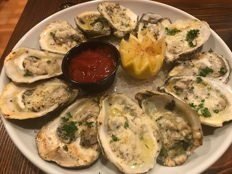 Blue Point chargrilled oysters at Bradford & Main. - PHOTO BY JENNIFER FULLER