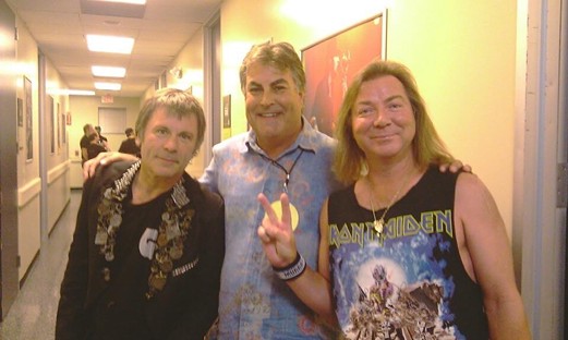 "Howie" meets his headbanging heroes backstage at the Woodlands Pavilion in 2012: Iron Maiden vocalist Bruce Dickinson and guitarist Dave Murray. - PHOTO COURTESY OF MARK VOROS