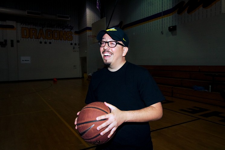Steven "Shea" Serrano plays basketball at the newly renamed "Serrano Gymnasium" at South Houston area Stevenson Middle School. - PHOTO BY MARCO TORRES