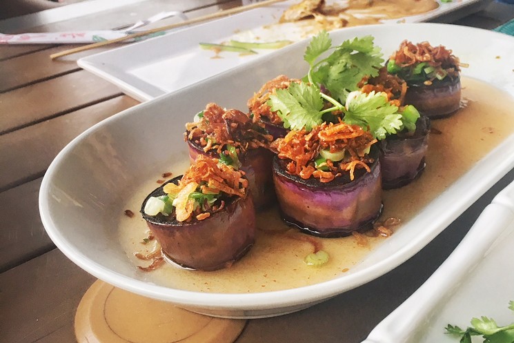 Maba Pan-Asian Diner features a substantial list of great shareable plates, like these eggplant rounds. - PHOTO BY ERIKA KWEE