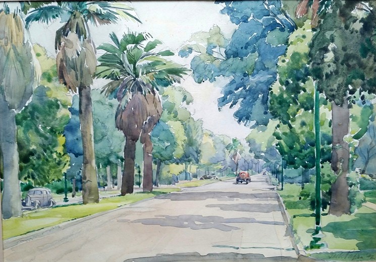 Not a mattress store in sight. Montrose Boulevard, by Jack Pagan, 1942, is on view in "South and North of the Border: Houston Paints Houston" at The Heritage Society Museum Gallery, August 16-November 24. - PHOTO BY R. TIBBITS