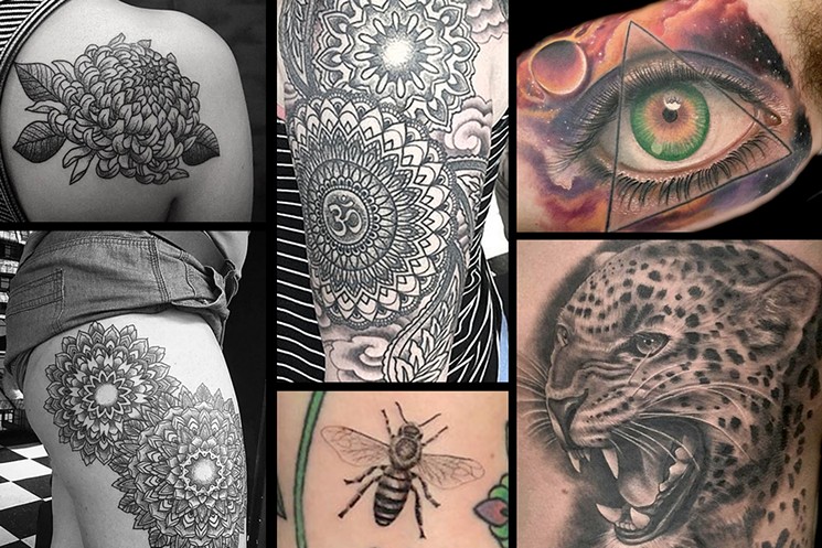 (Left and top center) Ink by Gabriel Massey, Battle Royale; (bottom center) Ink by James Samaniego, Shelter Tattoo; and (R) Ink by Nate Beavers, Figurehead Tattoo - (L AND TOP CENTER) PHOTOS BY JACK THOMPSON, (BOTTOM CENTER) PHOTO BY JAMES SAMANIEGO AND (R) PHOTOS COURTESY OF NATE BEAVERS