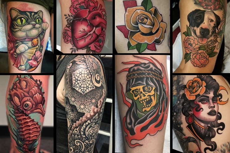 (L) Ink by Shawn Will, (center top) Ink by Candace Renee, (center bottom) Ink by Bobby Correnti, (R) Ink by Abel Sánchez; all at Red Dagger Eastdowntown - (L) PHOTOS BY SHAWN WILL, (CENTER TOP) PHOTOS BY CANDACE RENEE, (CENTER BOTTOM) PHOTOS BY BOBBY CORRENTI, (R) PHOTOS BY ABEL SÁNCHEZ