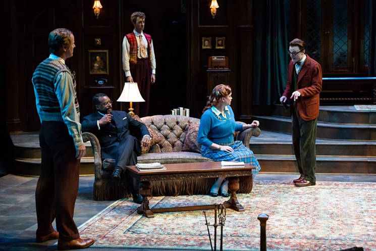 (L-R) Chris Hutchison as Giles Ralston, Shawn Hamilton as Major Metcalf, Dylan Godwin as Christopher Wren, Melissa Pritchett as Mollie Ralston, and Jay Sullivan as Sergeant Trotter  in the Alley’s production of  Agatha Christie’s The Mousetrap. - PHOTO BY LYNN LANE