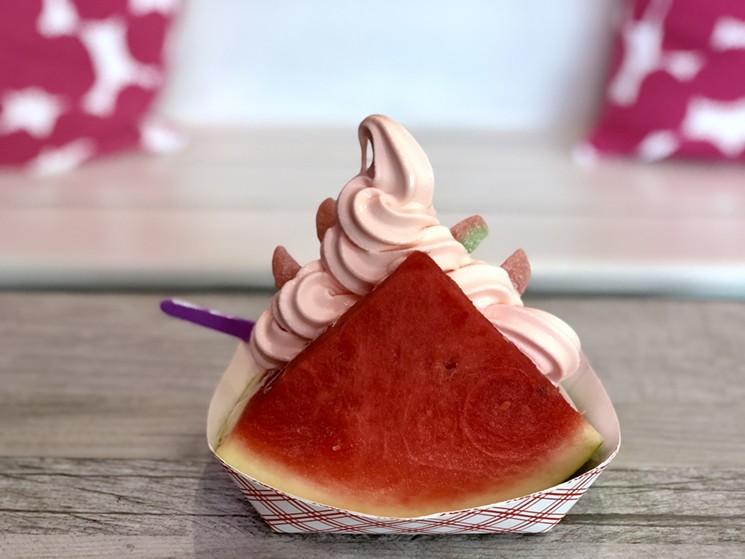 "One in a Melon" is made of fresh watermelon filled with watermelon soft serve, studded with watermelon candy ($6.50). - PHOTO BY MAI PHAM