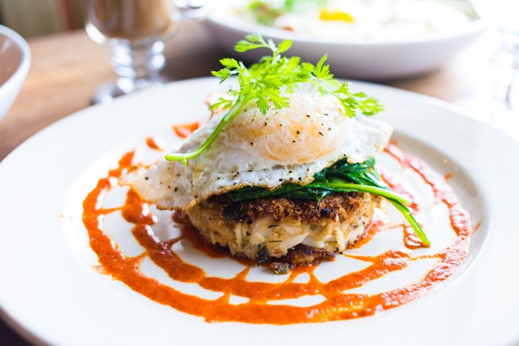 A jumbo lump crab cake makes brunch luxe at The Original Ninfa's. - PHOTO BY BECCA WRIGHT
