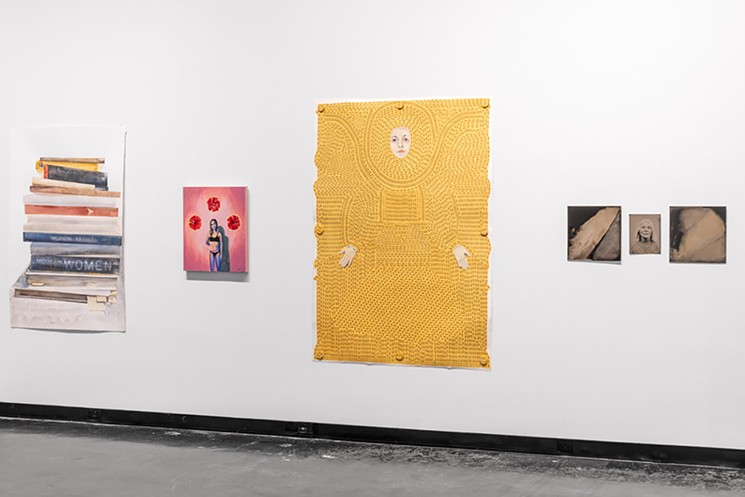 (Third from left) STAIN - Self Portrait, by Sarah Fisher, oil, dry cleaning identification stickers and magnets. - PHOTO BY PETER MOLICK