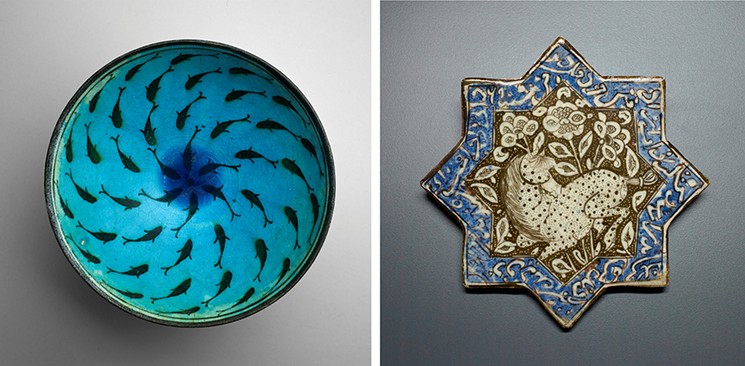 (L) Bowl with Fish, Iran, probably Kashan, late 13th– mid-14th century; and (R) Star Tile, Iran, Kashan or Takht-i Sulayman, late 13th century; both from the Hossein Afshar Collection at the Museum of Fine Arts, Houston. - PHOTOS COURTESY OF THE MUSEUM OF FINE ARTS, HOUSTON