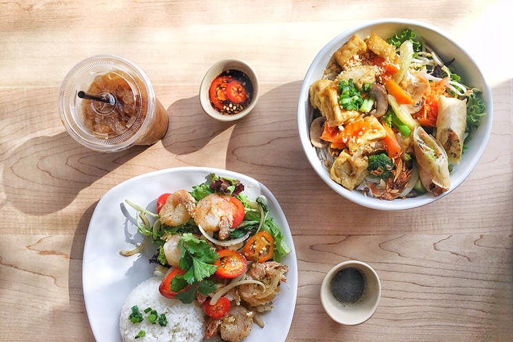The salt and pepper shrimp, Vietnamese coffee and tofu vermicelli. - PHOTO BY ERIKA KWEE