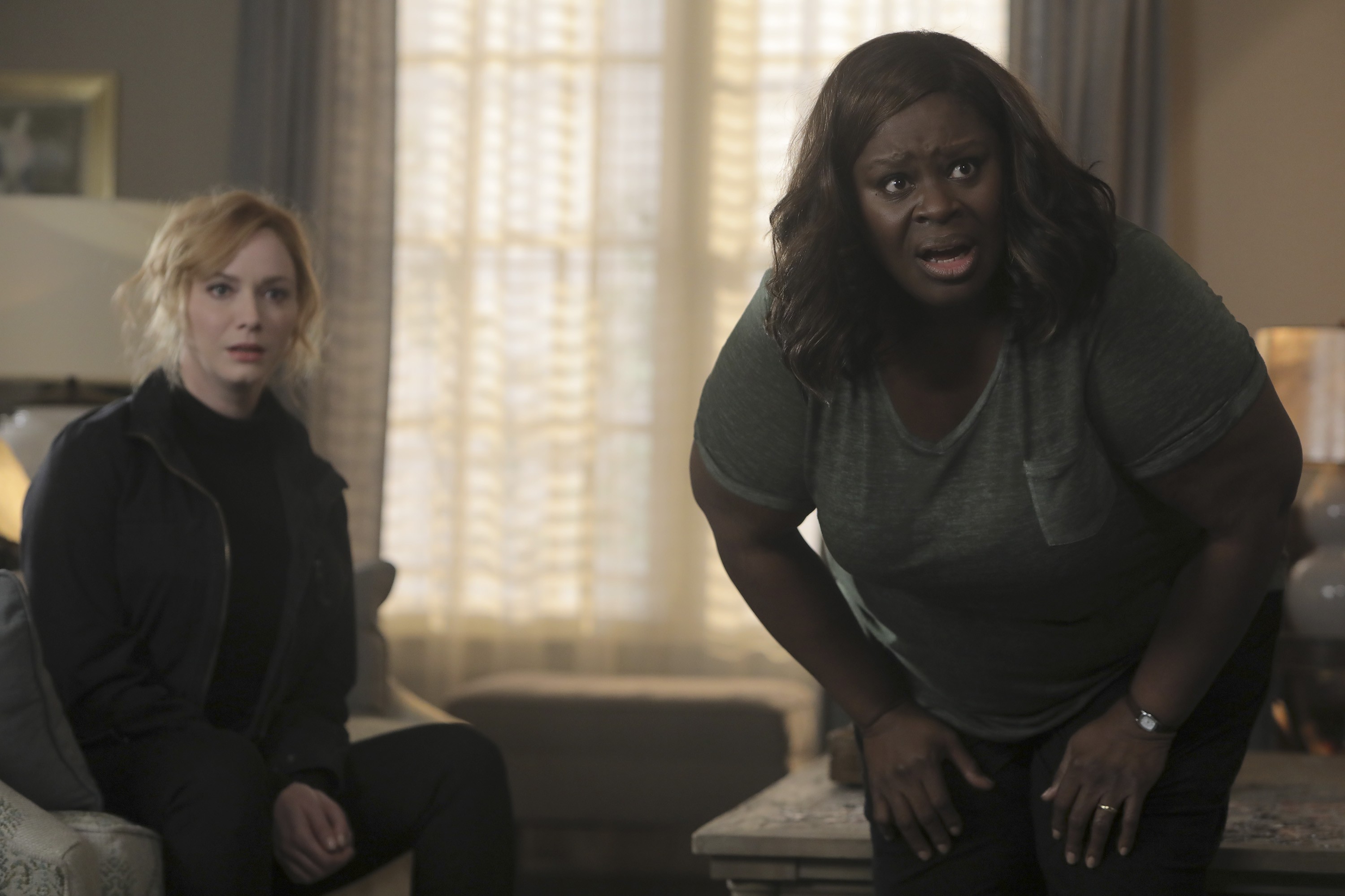 Christina Hendricks (left) and Retta play suburban women who decide to rob a supermarket in Good Girls, an NBC show that also stars Mae Whitman and may be a comedy or a drama or another dramedy. - JOSH STRINGER/COURTESY OF NBC