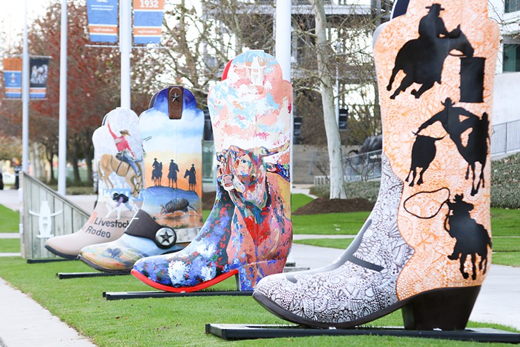 Second from left: Johnny J. Rojas created the spur while seven other School Art Committee members did the painting. Third from left: Artist Paige Atkinson worked on her boot for about six weeks. - PHOTO BY HOUSTON LIVESTOCK SHOW AND RODEO