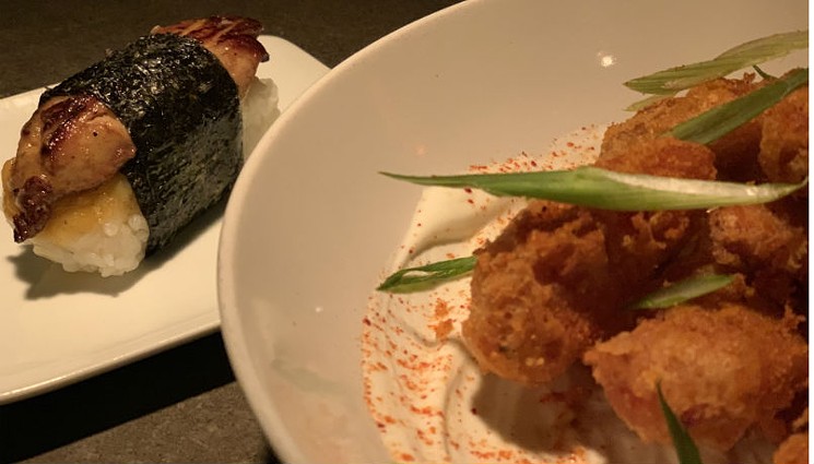 It's going down for real; the Foie Gras Nigiri and the Beer Battered Sweet Tots. - PHOTO BY KATE MCLEAN