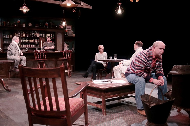 Rutherford Cravens, Bryan Kaplun, Heidi Hinkel, Kregg Dailey, and Mark Roberts in Main Street Theater's production of The Weir. - PHOTO BY PIN LIM/FOREST PHOTOGRAPHY