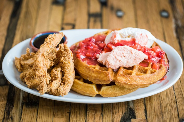a' Bouzy does chicken and waffles with strawberries. - PHOTO BY BECCA WRIGHT