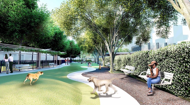 There will be play areas for both large and small breeds at Southern Downtown Park. - RENDERING BY LAUREN GRIFFITH ASSOCIATES, COURTESY OF HOUSTON DOWNTOWN MANAGEMENT DISTRICT