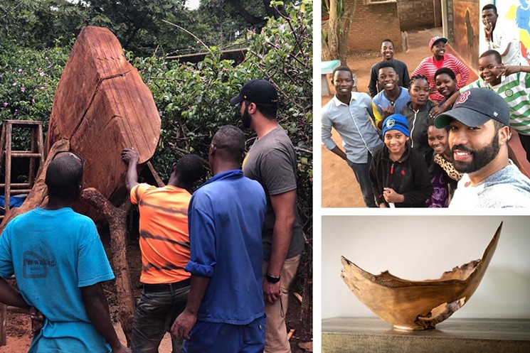 (L) Simien milling an African mahogany tree with Malawian workers, (top right) the Jacaranda School for Orphans, and (bottom right) a Chitembe handcrafted bowl. - (L) PHOTO BY IKE IGBO, (TOP RIGHT) PHOTO BY JAMAR SIMIEN, (BOTTOM RIGHT) PHOTO BY BADO BAHAJI