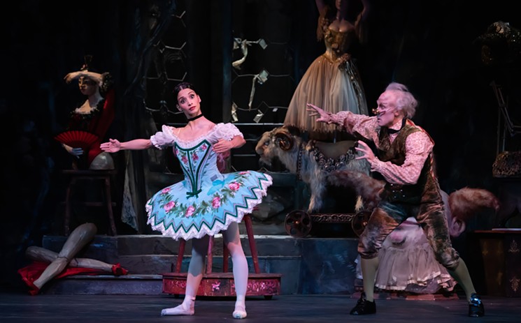 Houston Ballet Principals Karina González and Ian Casady as Swanilda and Dr. Coppélius in Ben Stevenson’s Coppélia. - PHOTO BY AMITAVA SARKA