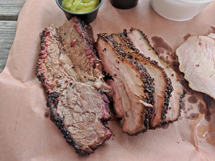 Fatty brisket and pork belly from Tejas Chocolate + Barbecue - PHOTO BY CARLOS BRANDON