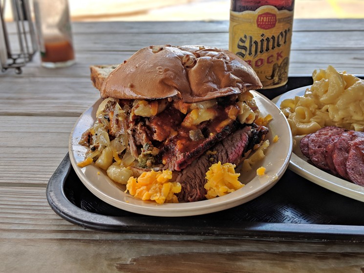 The 1977 with brisket, honeyed ham, mac and cheese, and cheddar cheese. - PHOTO BY CARLOS BRANDON