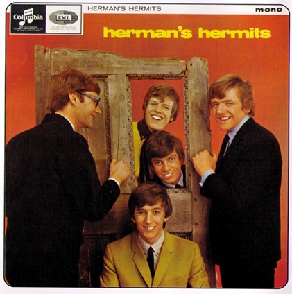 Heman's Hermits, 1965 clockwise from left: Derek Leckenby, Peter Noone, Karl Green, and Keith Hopwood. Barry Whitwam is in the center. - COLUMBIA RECORDS ALBUM COVER