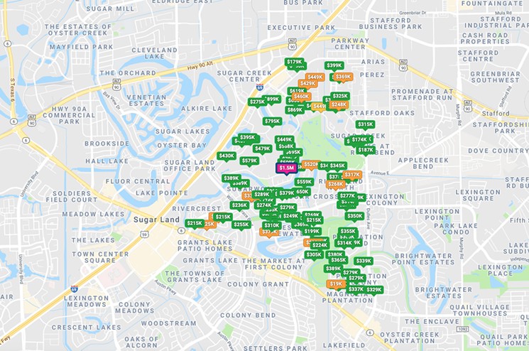 Sugar Land East has both green spaces and waterways. - SCREENSHOT FROM HAR.COM