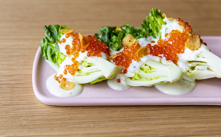Gem lettuces with trout roe at Rosie Cannonball are pretty adorable. - PHOTO BY JULIE SOEFER