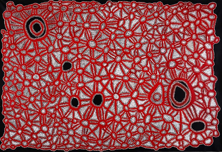 Pulyunya (Site associated with the Dreaming), by Fred Grant, Pitjantjatjara language group. - © PHOTO BY FONDATION OPALE, COPYRIGHT AGENCY/ARTISTS RIGHTS SOCIETY, COURTESY OF THE MENIL COLLECTION