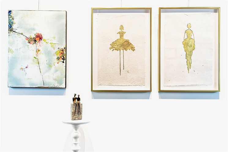 (L) "Divine Garden Series 208-19," by Mark Whitmarsh, (center) Lovers, by Yenny Cocq, and (R)  Victoria and Milly, by René Romero Schuler. - PHOTO BY JACK RABBIT GALLERY