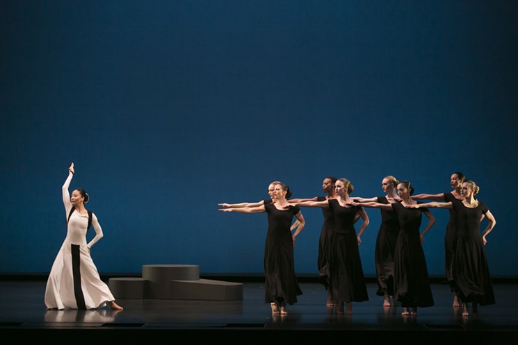 Soloist Xin Ying and Martha Graham Dance Company in Martha Graham’s Chronicle. - PHOTO BY MELISSA SHERWOOD