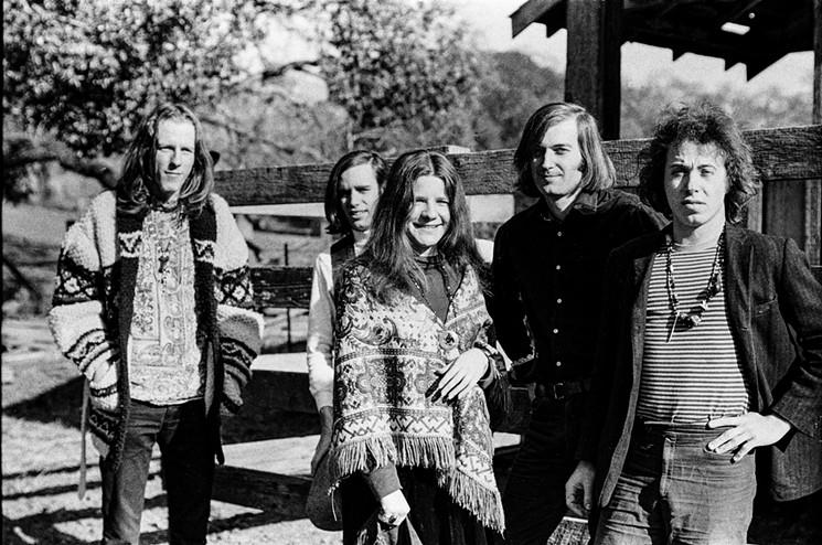 Big Brother and the Holding Company during an early photo session: James Gurley, Peter Albin, Janis Joplin, Sam Andrew, and David Getz. - PHOTO BY LISA LAW-CACHE AGENCY/COURTESY OF SIMON AND SCHUSTER