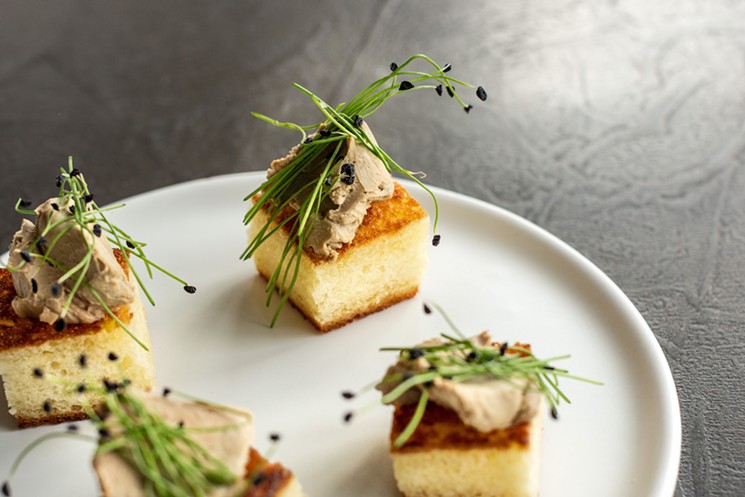 Chicken Mousse on Texas Toast cubes marry well with wine. - PHOTO BY JENN DUNCAN
