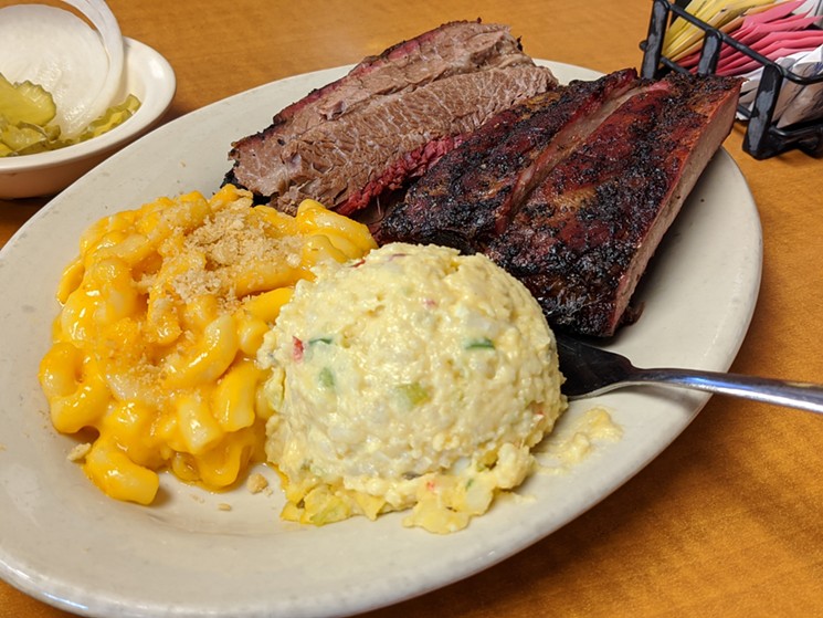 Two meat platter with brisket and ribs. - PHOTO BY CARLOS BRANDON