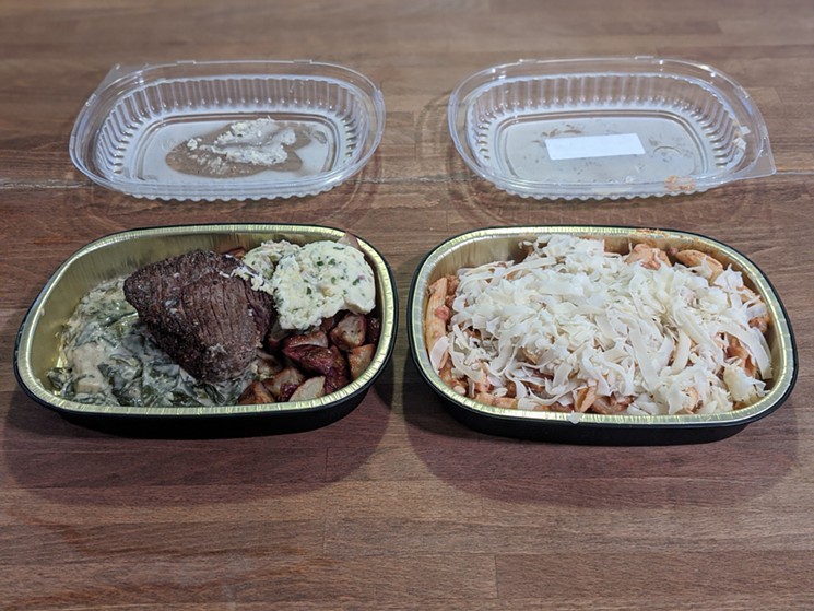 The "before" - 44 Farms steak night and baked ziti bolognese. - PHOTO BY CARLOS BRANDON