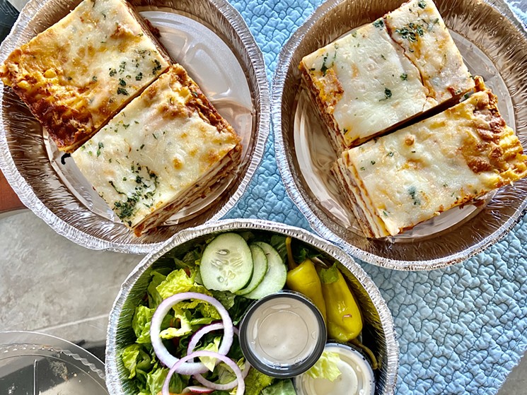 The Tasting Rooms complimentary meal kit for 4 includes four generous slices of lasagna and a salad for sharing. - PHOTO BY MAI PHAM