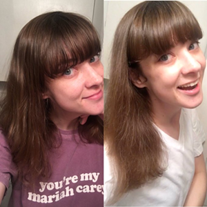 Ehrhardt before and after her barely-there bang trim - PHOTO BY LINDSAY EHRHARDT
