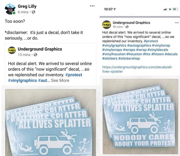 Underground Graphics gleefully offered "All Lives Splatter" decals. - SCREENGRABS FROM FACEBOOK, SINCE DELETED