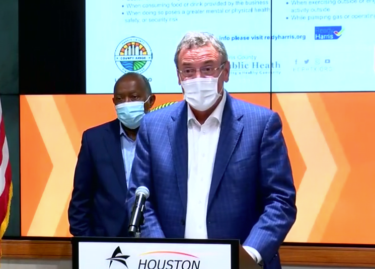 Greater Houston Partnership President and CEO Bob Harvey and Houston Mayor Sylvester Turner joined Hidalgo in support of the new face mask mandate. - SCREENSHOT