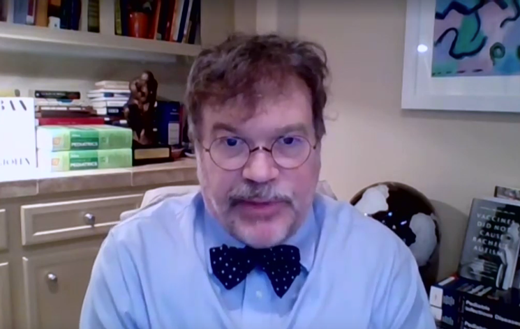 Dr. Peter Hotez, a leading epidemiologist and vaccine researcher at the Baylor College of Medicine and Texas Children's Hospital, joined Mayor Turner's Friday press conference via video to give his view on the COVID-19 pandemic's severity in Houston and across the southwest United States. - SCREENSHOT