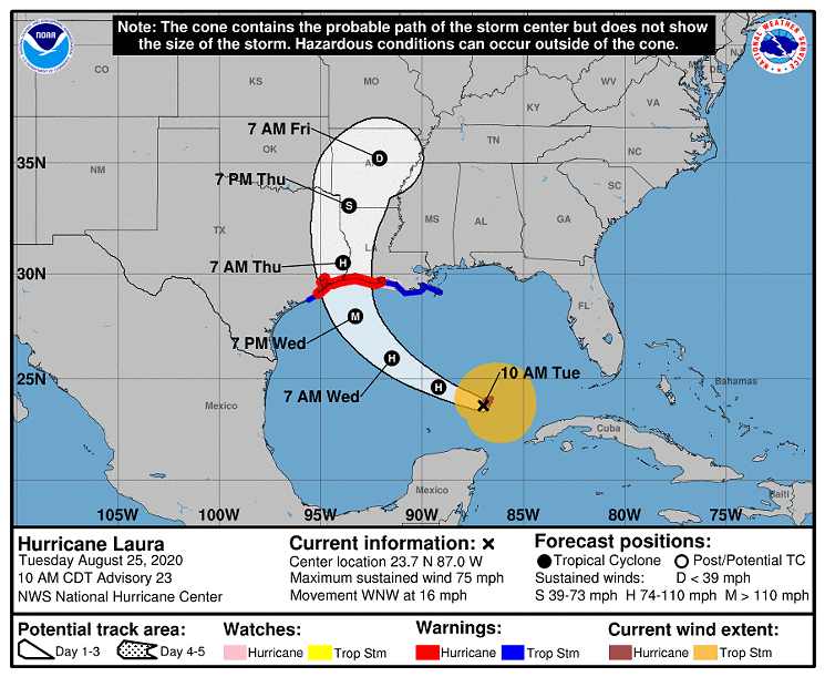 The National Weather Service's latest forecast has Hurricane Laura making landfall further west and closer to the Houston area than Monday's forecasts indicated. - GRAPHIC PROVIDED BY THE NATIONAL WEATHER SERVICE
