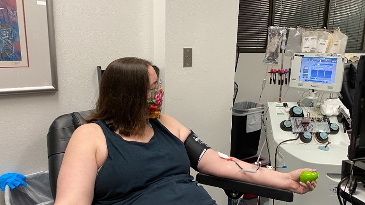 Houston resident Meghan Davenport donated blood in-person at Gulf Coast Regional Blood Center, a blood bank struggling to keep blood supply ample during the pandemic. - PHOTO BY SCHAEFER EDWARDS
