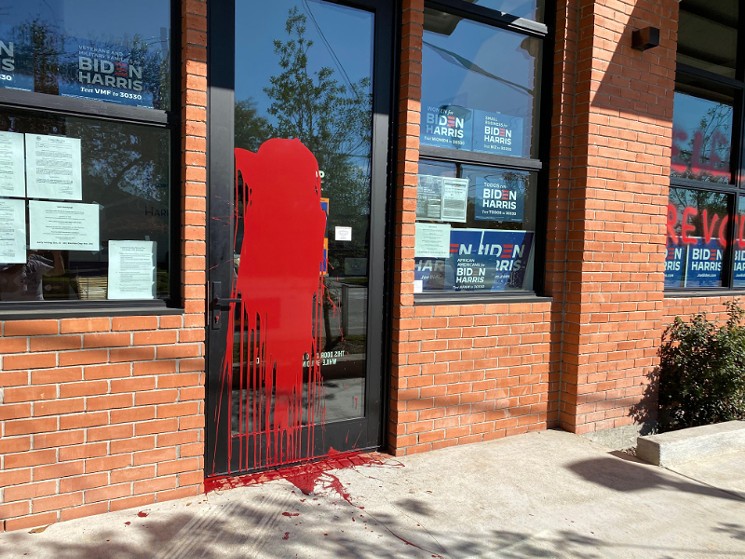 Local Democrats found their office covered in red paint with Super Glued locks on Monday morning. - PHOTO BY HARRIS COUNTY DEMOCRATIC PARTY