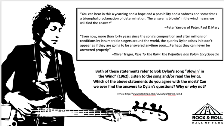 A writing prompt about the lyrics of Bob Dylan for students. - POWERPOINT SCREEN GRAB/ROCK HALL EDU