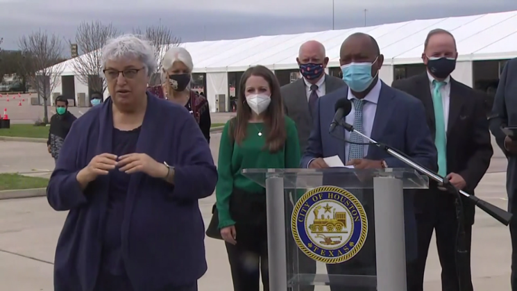 Houston Mayor Sylvester Turner addressed the media at Delmar Stadium, the city's new drive-thru vaccine site. - SCREENSHOT