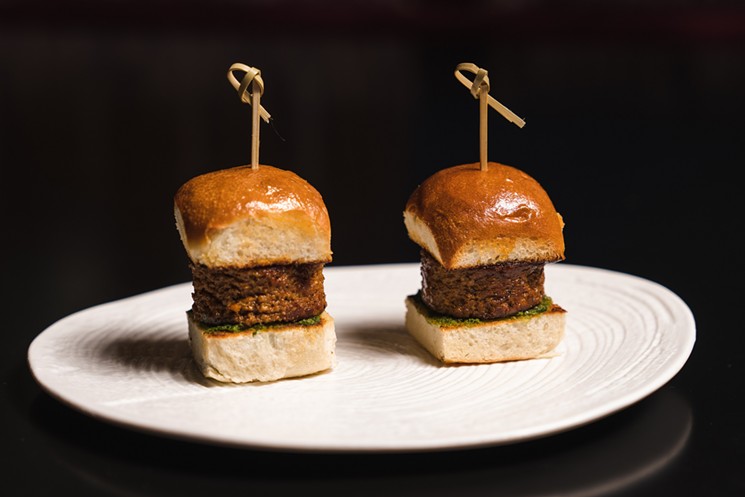 There's a new New Happy Hour at Musaafer, and it includes these sliders. - PHOTO BY RAYDON CREATIVE