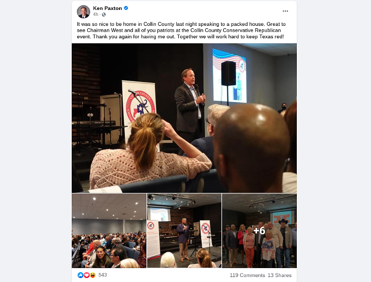 Paxton spoke to his fellow conservative Republicans Monday night in Collin County. - SCREENSHOT