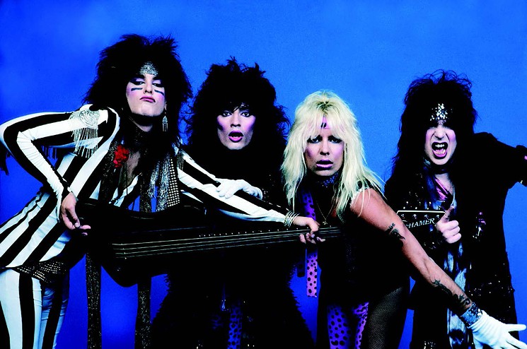 Mötley Crüe in their "Theater of Pain"-era outfits, Los Angeles, CA, 1985. L to R: Nikki Sixx, Vince Neil, Tommy Lee, and Mick Mars. - PHOTO BY AND © MARK WEISS/COURTESY OF ST. MARTIN'S PRESS