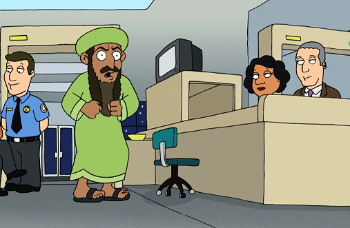 A pre-9/11 "Family Guy" showed Osama Bin Laden sneaking weapons through airport security. The scene has been cut from most re-airings and home video releases. - SCREEN GRAB FROM FOX'S "FAMILY GUY"