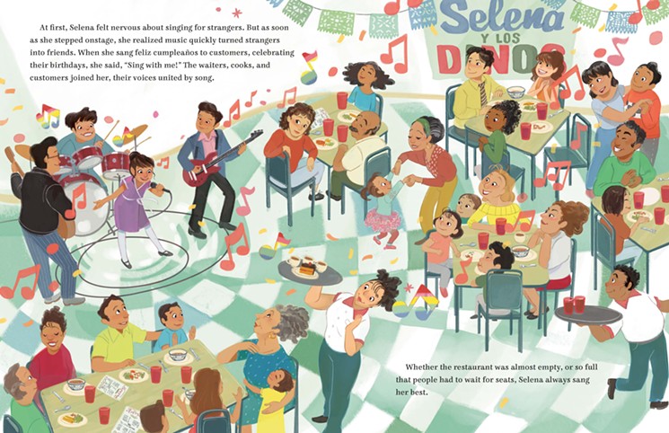 In a spread from the book, Selena cuts her performing teeth at her family's Mexican restaurant. - ART BY TERESA MARTINEZ/COURTESY OF DIAL BOOKS
